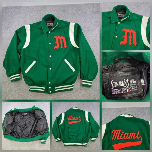 Stewart &‎ Strauss Miami Hurricanes Varsity Jacket Mens 2XL Green Wool Letterman